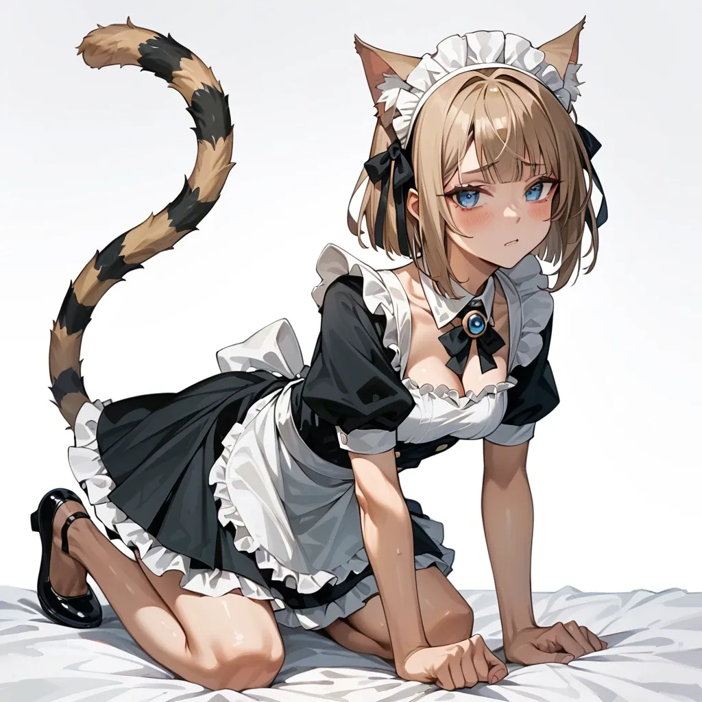 cute anime teen girl The Egyptian Mau catgirl , light brown hair and striped tail, blue eyes, Fell down in a maid's costume