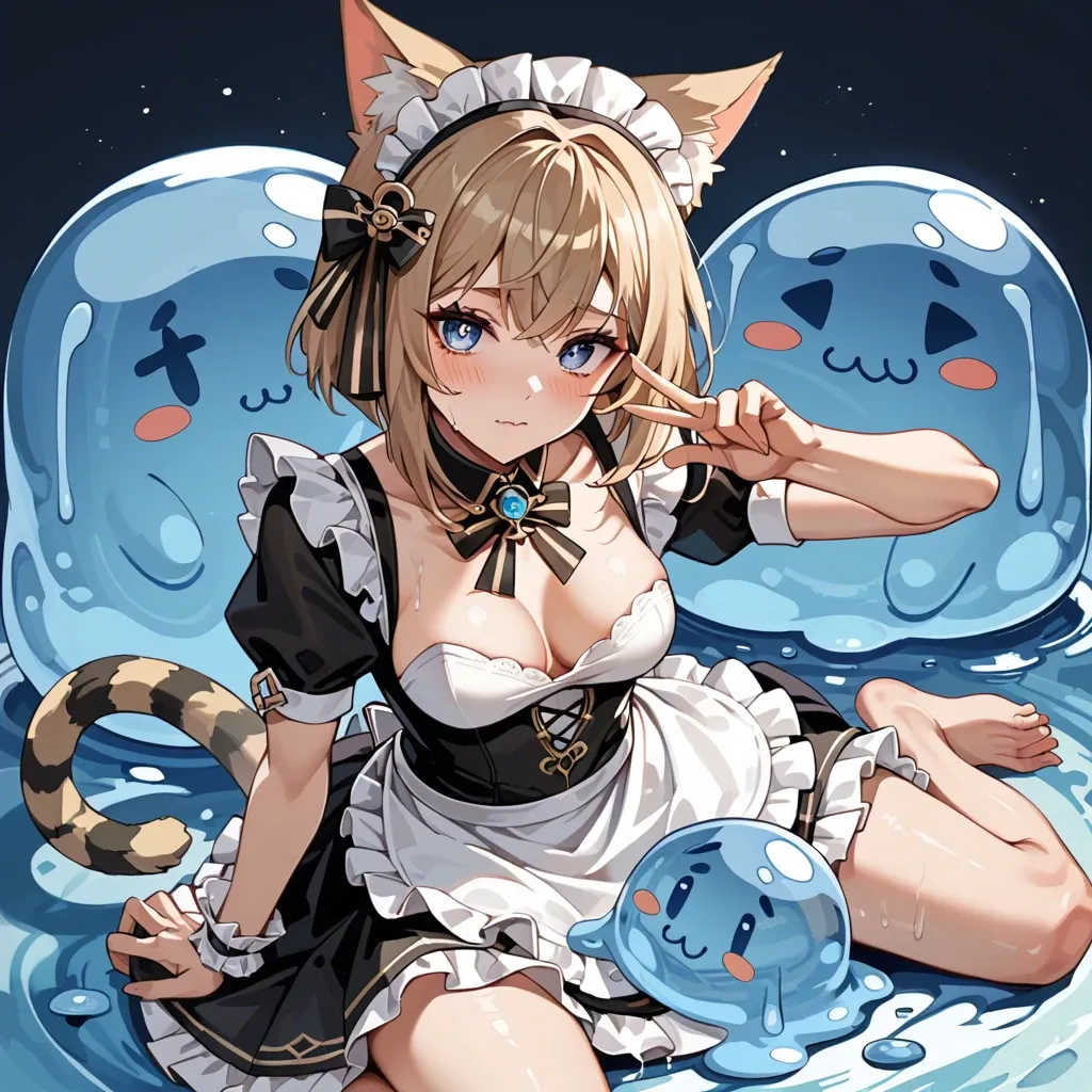 cute anime teen girl The Egyptian Mau catgirl , light brown hair and striped tail, blue eyes, maid costume, genshin impact, slime