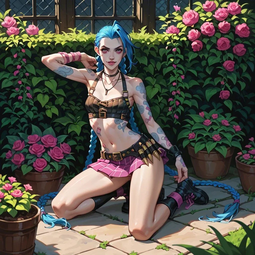 Jinx,league of legends,petite body,long blue hair,braids,outfit,full body,skirt,crop top, looking at viewer,colorful,garden