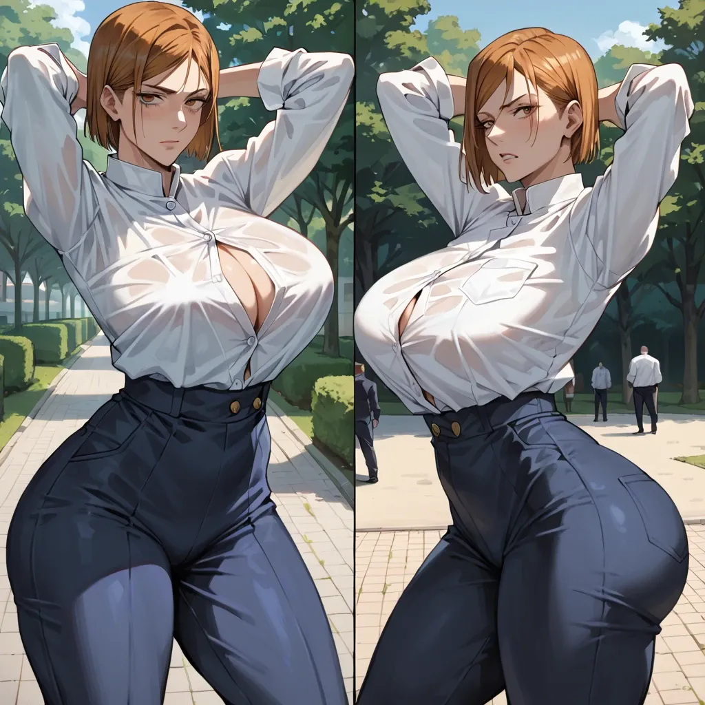 1 girl, nobara kugisaki (jujutsu kaisen), panels, multiple views, seductive face, hands behind the head, detailed face, park, do not show hands, massive ass, massive breast, High definition, good face, completely dressed