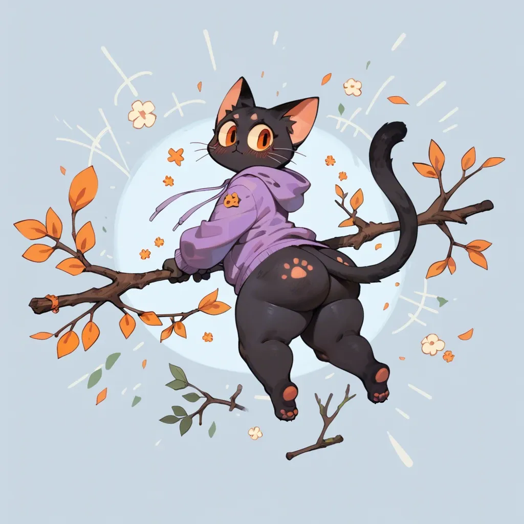 cartoon cat,big ass,big breats,plump thigs, black fur, large eyes, orange eyes, blush marks, purple hoodie, stick, whimsical, stylized, full body, cartoon style, cute, playful, rounded shape, floating, light background, signature, digital art