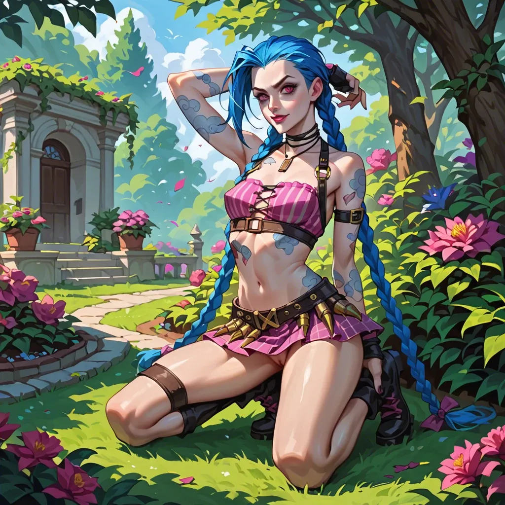 Jinx,league of legends,petite body,long blue hair,braids,outfit,full body,skirt,crop top, looking at viewer,colorful,garden