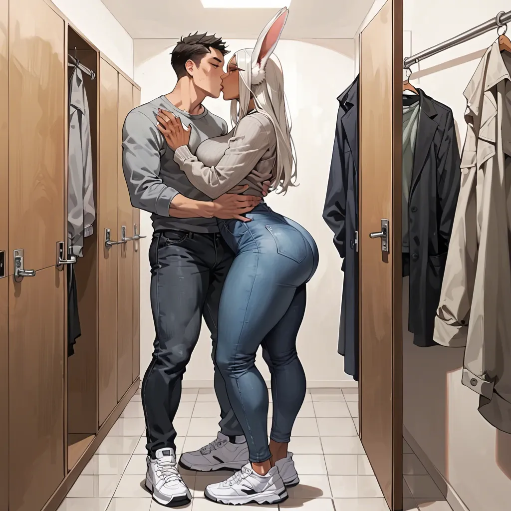 rumi usagiyama, curvy body, large ass, large breasts, grey sweater, jeans, white sneakers, fitting room, kiss, man