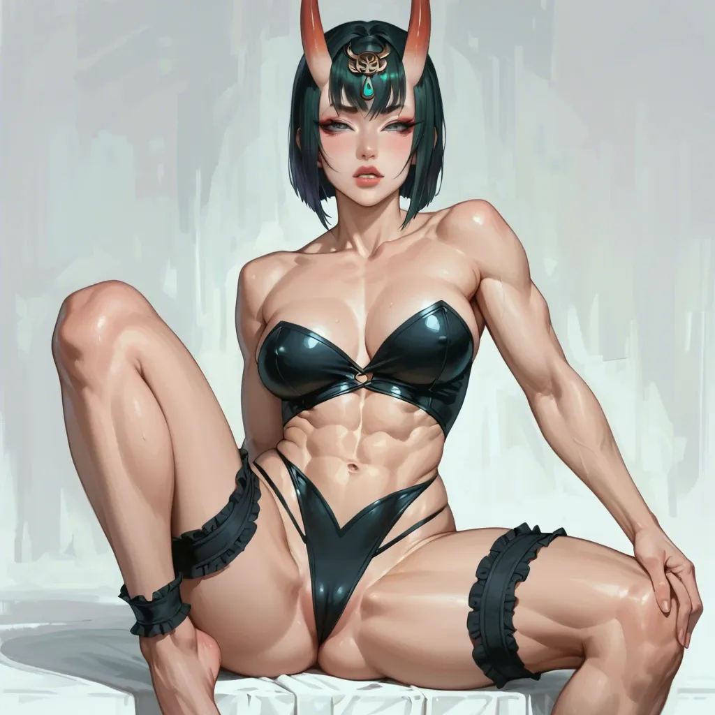 Shuten-Douji, strapless swimsuit, slim body, seethrough tits, upperboobs, perky chest, front view, seductive face, heavy upper lips, vulgarity, big juicy ass, hip garter, abs seethrough, knee up