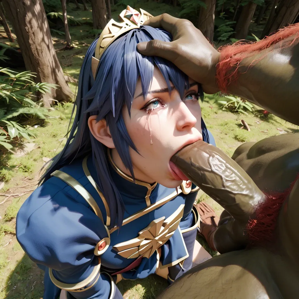 1boy 1femboy,3d, marth,ganondorf, adorable male Girly male skinny male high-angle close-up, forcing on dick,forcing fellation,forcing,tongue,holding head,deepthroat,forest,tears,riding penis,rubberized jungle