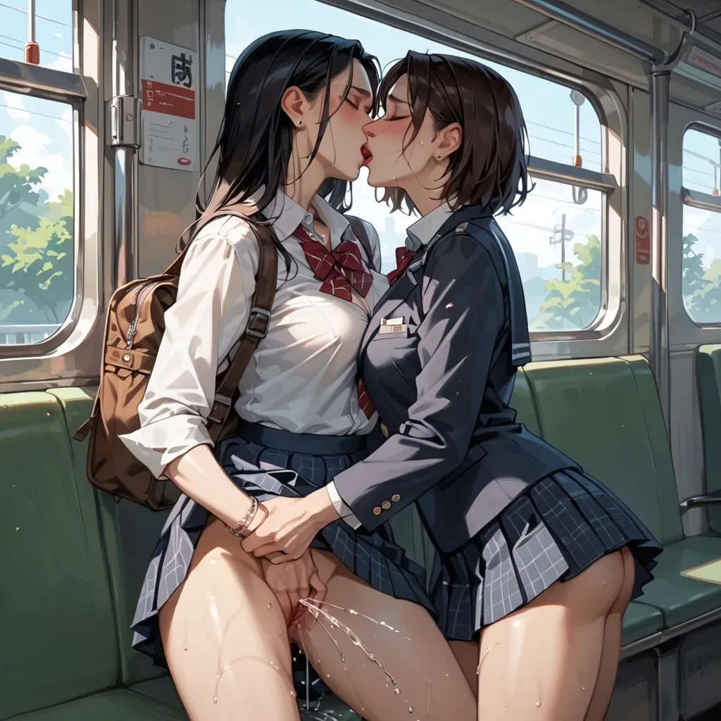 2girls, lesbian, school uniform, kissing, masturbating, squirting, pussy juice stream, in train