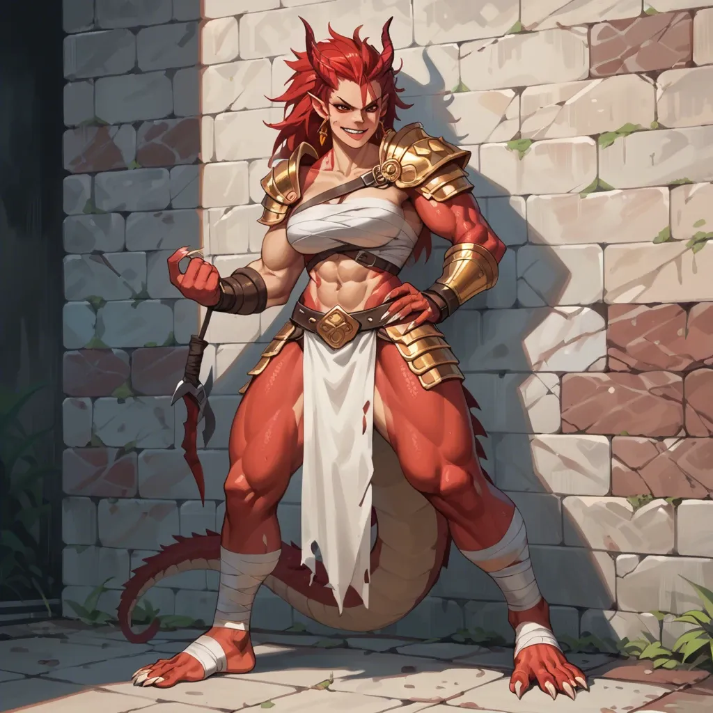 Fierce half-dragon girl,1 side shoulder armor,bandage body,smirk,sharp toe nails,long toe nails,clawed feet,muscular woman,warrior,wild red hair,angry,but cute,standing,red dragon eyes,agenst wall,dragon scales on body,