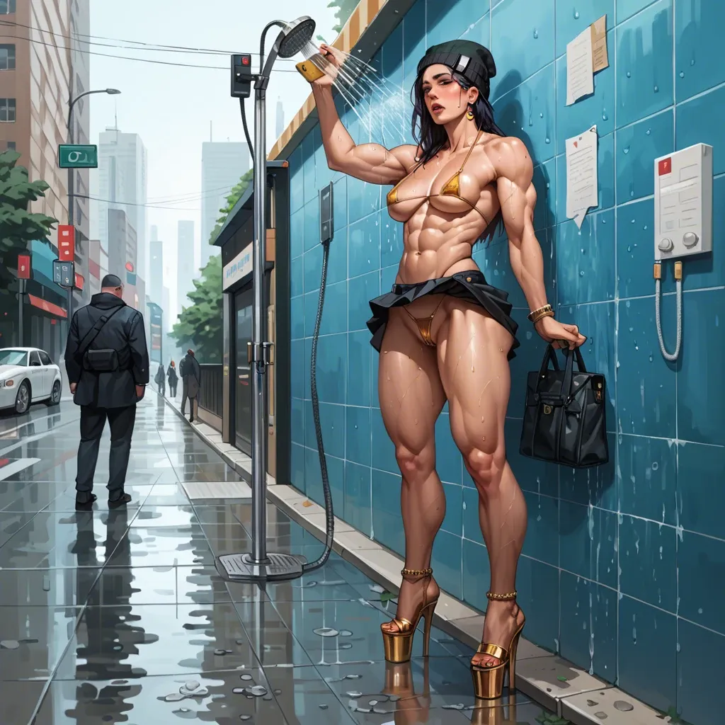 1girl,solo, , , , arching,muscle legs,whore cleavage,love handles,skin indention, skirt lift,gold anklets,beanie,microbikini,platform heels, showering, public park, cyberpunk, phone exposure, embedding, ultra realistic, bright-lit, princess zelda