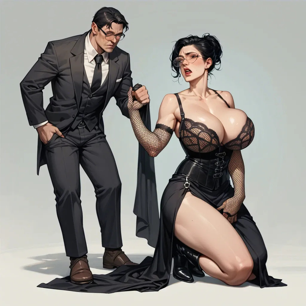 1girl,1boy, , , , high cheekbones,tiptoe,huge breast,grabbed,kneeling slut, long dress,fishnet gloves,strings,lace bra,knee boots, silk gown,laces,circle glasses,black corset,no shoes, black skirt,black stockings,capelet,bra,stiletto heels, bedroom, city background, cyberpunk, huge dildo, realistic, bright-lit room, samus, ariel, miku hatsune