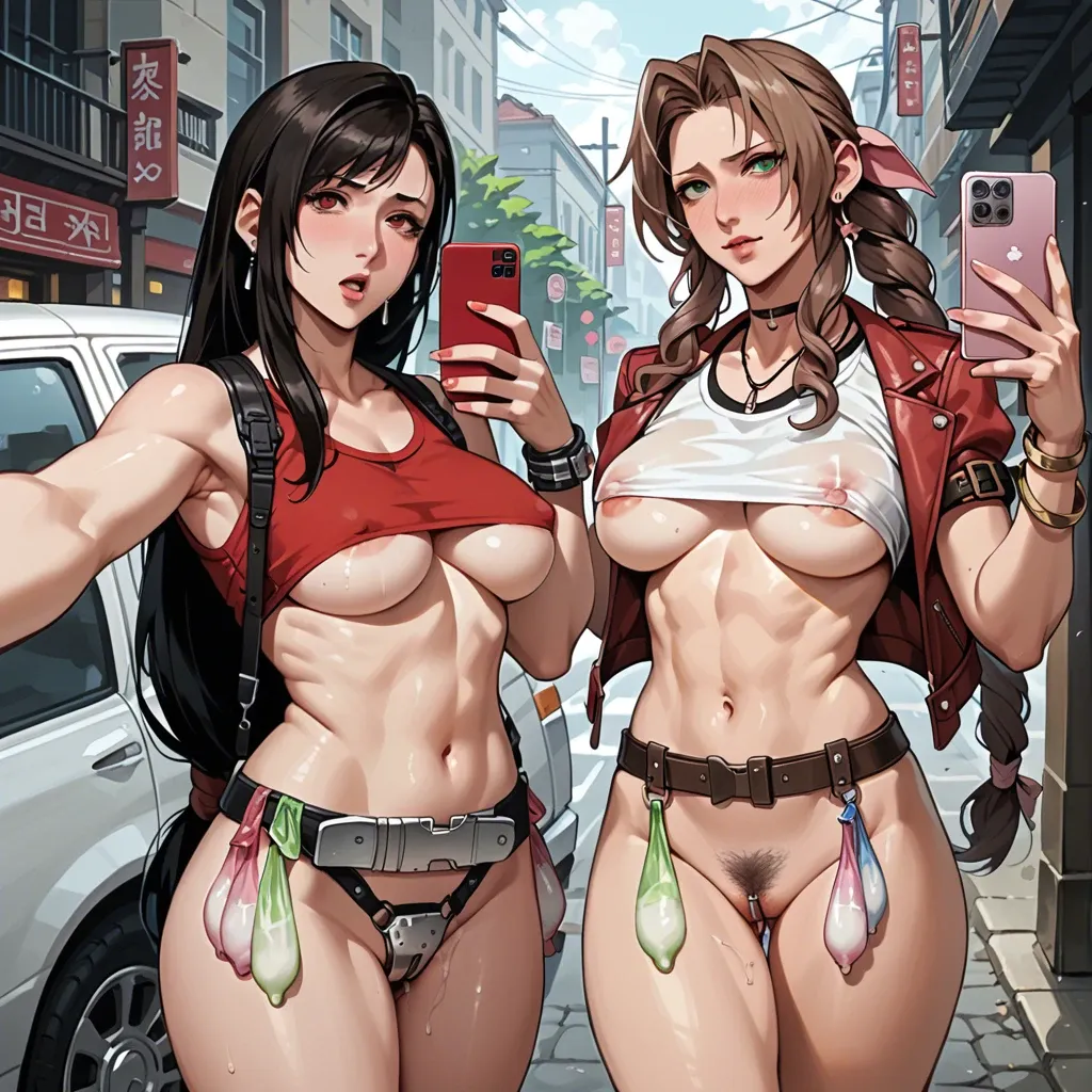 2 girls, Tifa and Aerith, anime, prostitute sluts, prostituting themselves taking a selfie, with old men anal penetration, underboob, chastity belt, pubic hair, used condoms in their belt, in an hotel entrance,