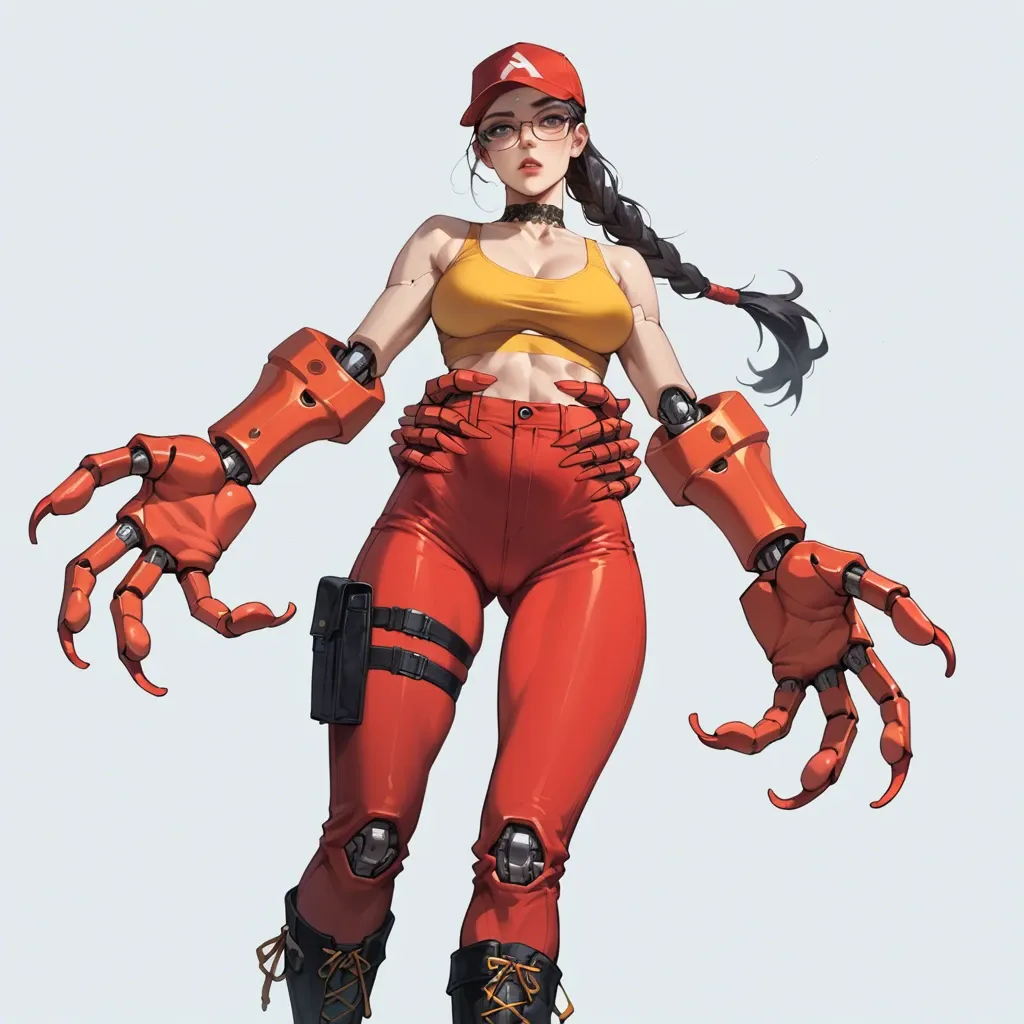 1girl,solo, , , , eye catching,big hands,firm breasts,waist grab,doll joints, yellow tank top,laced bodysuit,garrison cap,highleg panties,knee boots, red tight pants,lace choker,glasses,loose bra,armored boots, wet shirt,knee-high socks,blue bowtie,wet bra,stiletto heels, blake, castle, linked collars, nami