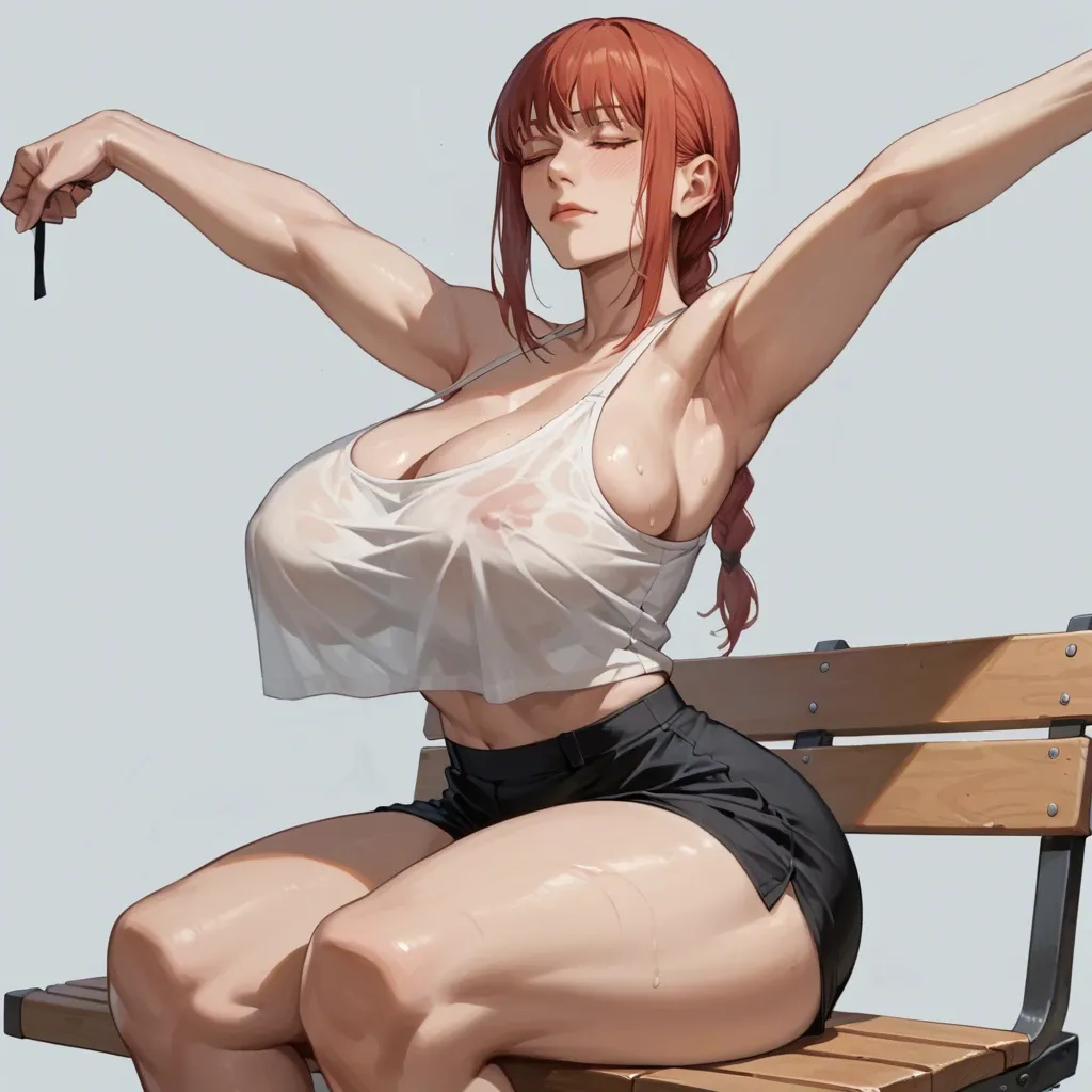 1 girl, makima (chainsaw man), closed eyes, stretching, seductive face,  detailed face, sitting in a chair, do not show hands, massive ass, massive breast, High definition, good face, bench