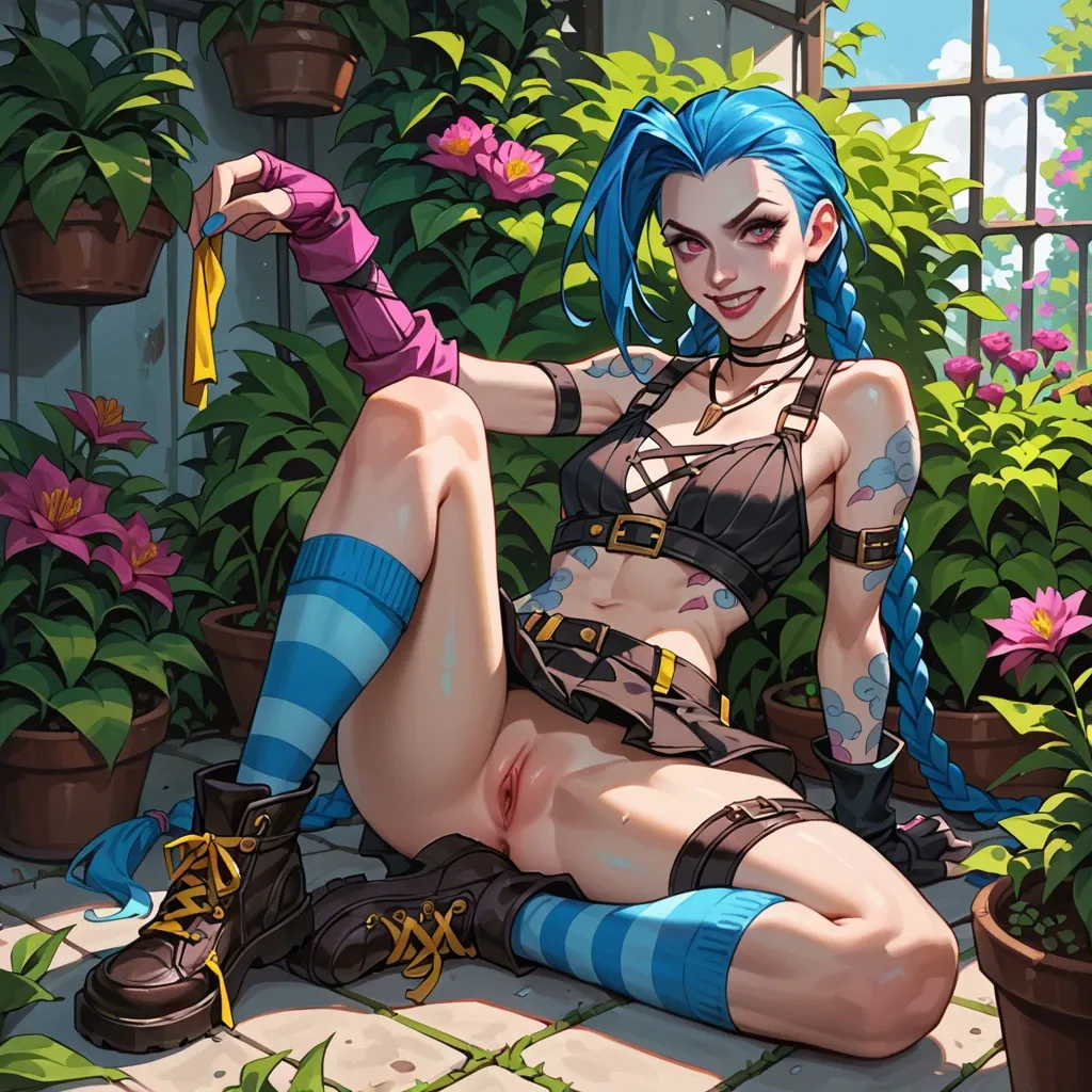 Jinx,league of legends,petite body,long blue hair,braids,outfit,full body,skirt,crop top,socks, looking at viewer,colorful,garden