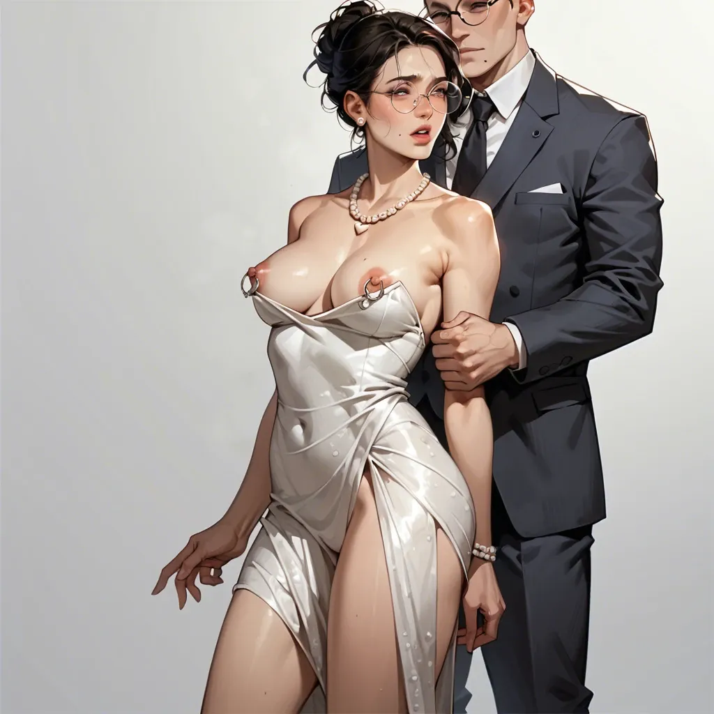 1girl,1boy, , , , mole under eye,arm pull,perky boobs,hip thrusts,heart necklace, nostrils,trained thighs,nipple ring,abdomen,pearl necklace, silk gown,lace tights,round glasses,mini skirt bra,stiletto heels, gamer bedroom, subway, sex on table, mario, ariel waifu