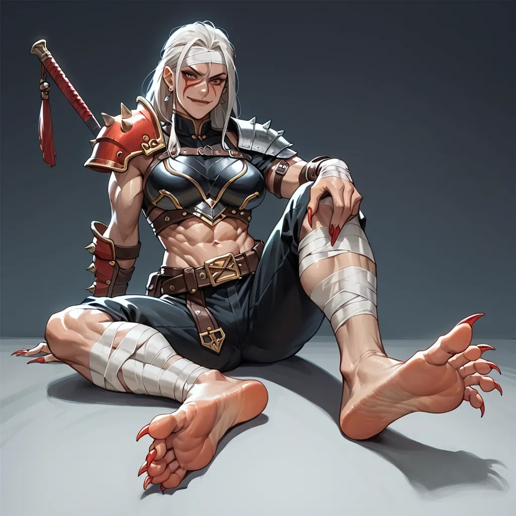 Fierce half-dragon girl,1 side shoulder armor,bandage body,smirk,sharp toe nails,long toe nails,clawed feet,muscular woman,warrior,red