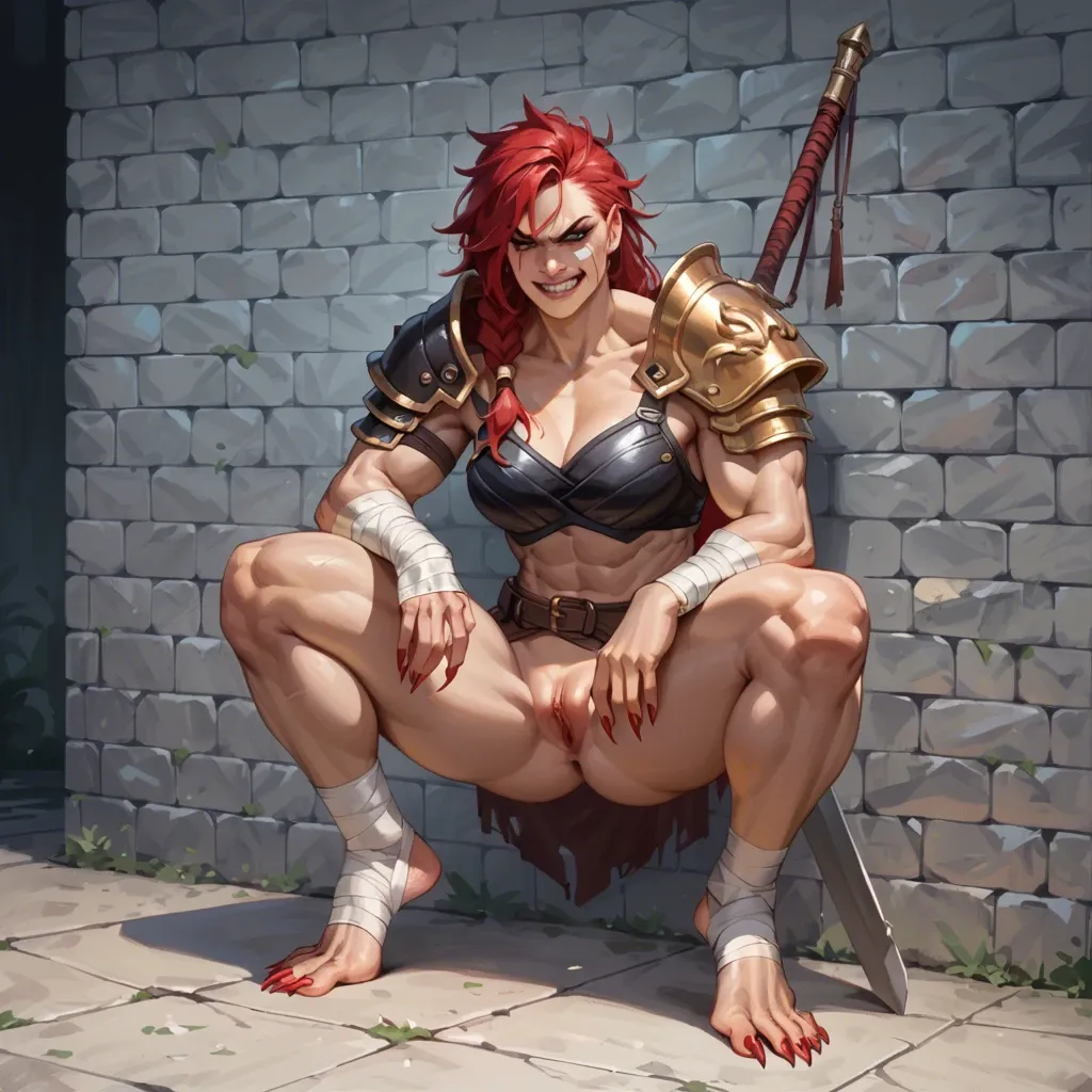 Fierce half-dragon girl,1 side shoulder armor,bandage body,smirk,sharp toe nails,long toe nails,clawed feet,muscular woman,warrior,wild red hair,angry,but cute,standing, red dragon eyes,