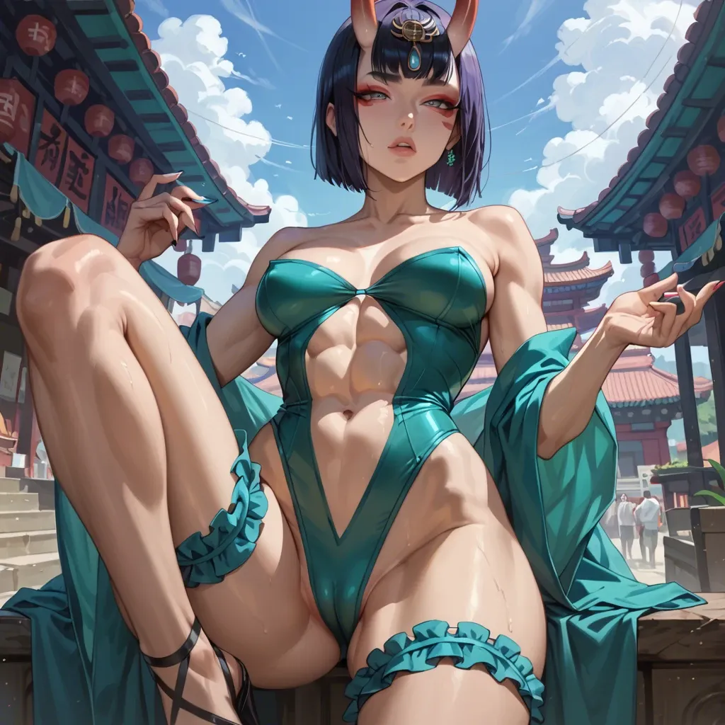 Shuten-Douji, strapless swimsuit, slim body, seethrough tits, upperboobs, perky chest, front view, seductive face, heavy upper lips, vulgarity, big juicy ass, hip garter, abs seethrough, knee up