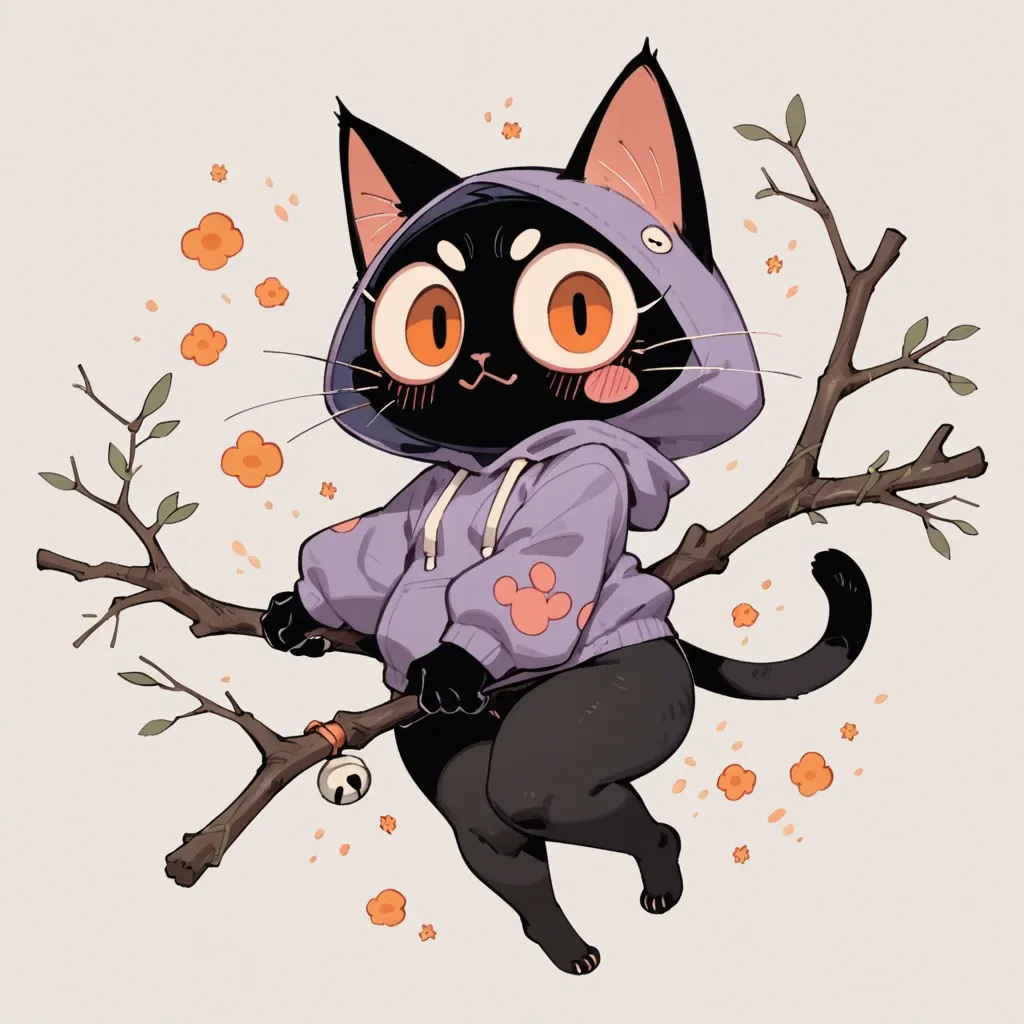 cartoon cat,big ass,big breats,plump thigs, black fur, large eyes, orange eyes, blush marks, purple hoodie, stick, whimsical, stylized, full body, cartoon style, cute, playful, rounded shape, floating, light background, signature, digital art