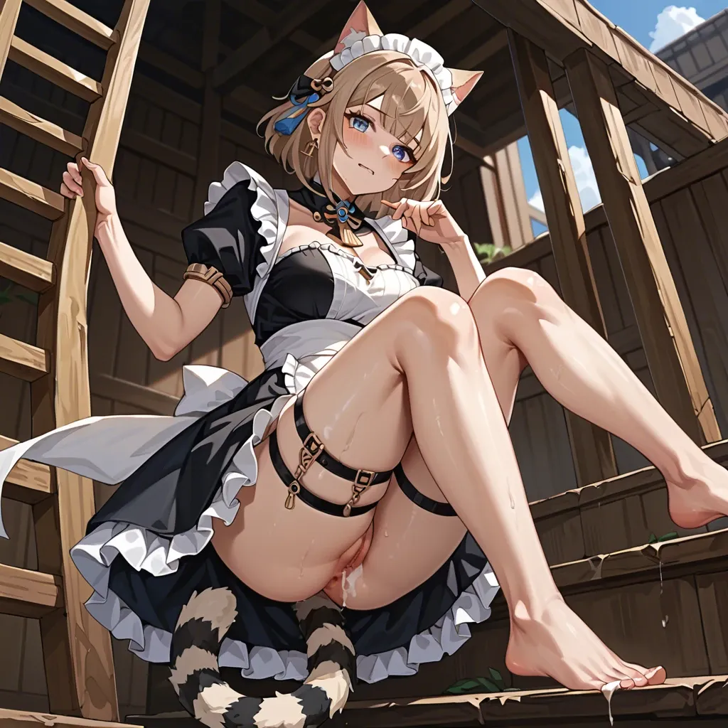 cute anime teen girl The Egyptian Mau catgirl , light brown hair and striped tail, blue eyes, A maid's costume, climbing a wooden staircase. Genshin impact