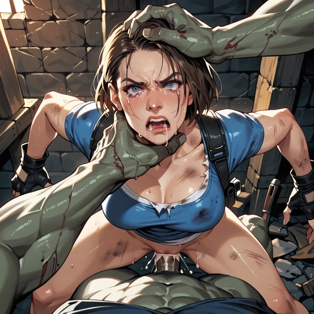 Jill Valentine, Angry, tears, grab head whit 2 hands,vaginal fuck ,clothed, ripped, strangled, pov first person,standing, drip cum, creampie, dirty,zombie penis, in a dungeon, deep thrusting, spank, grab hips