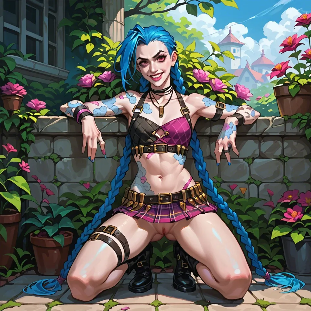 Jinx,league of legends,petite body,long blue hair,braids,outfit,full body,skirt,crop top, looking at viewer,colorful,garden