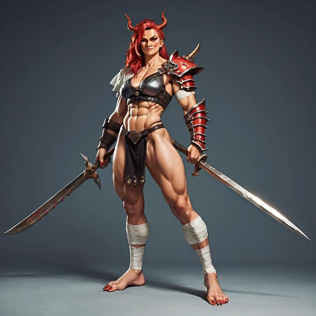 Fierce half-dragon girl,1 side shoulder armor,bandage body,smirk,sharp toe nails,long toe nails,clawed feet,muscular woman,warrior,red hair,pouting