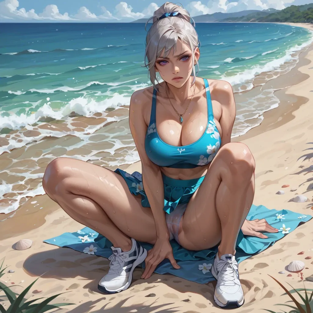 1girl,solo, , , , purple eyes,elbow,big breast,no boobs,aqua necktie, floral dress,necklace,wet panties,sports bra,ballet shoes, barbara, beach, dynamic