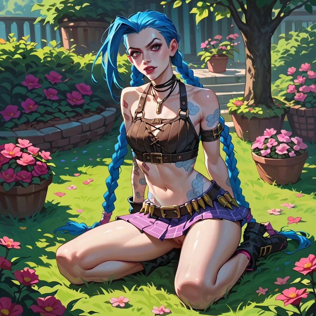 Jinx,league of legends,petite body,long blue hair,braids,outfit,full body,skirt,crop top, looking at viewer,colorful,garden