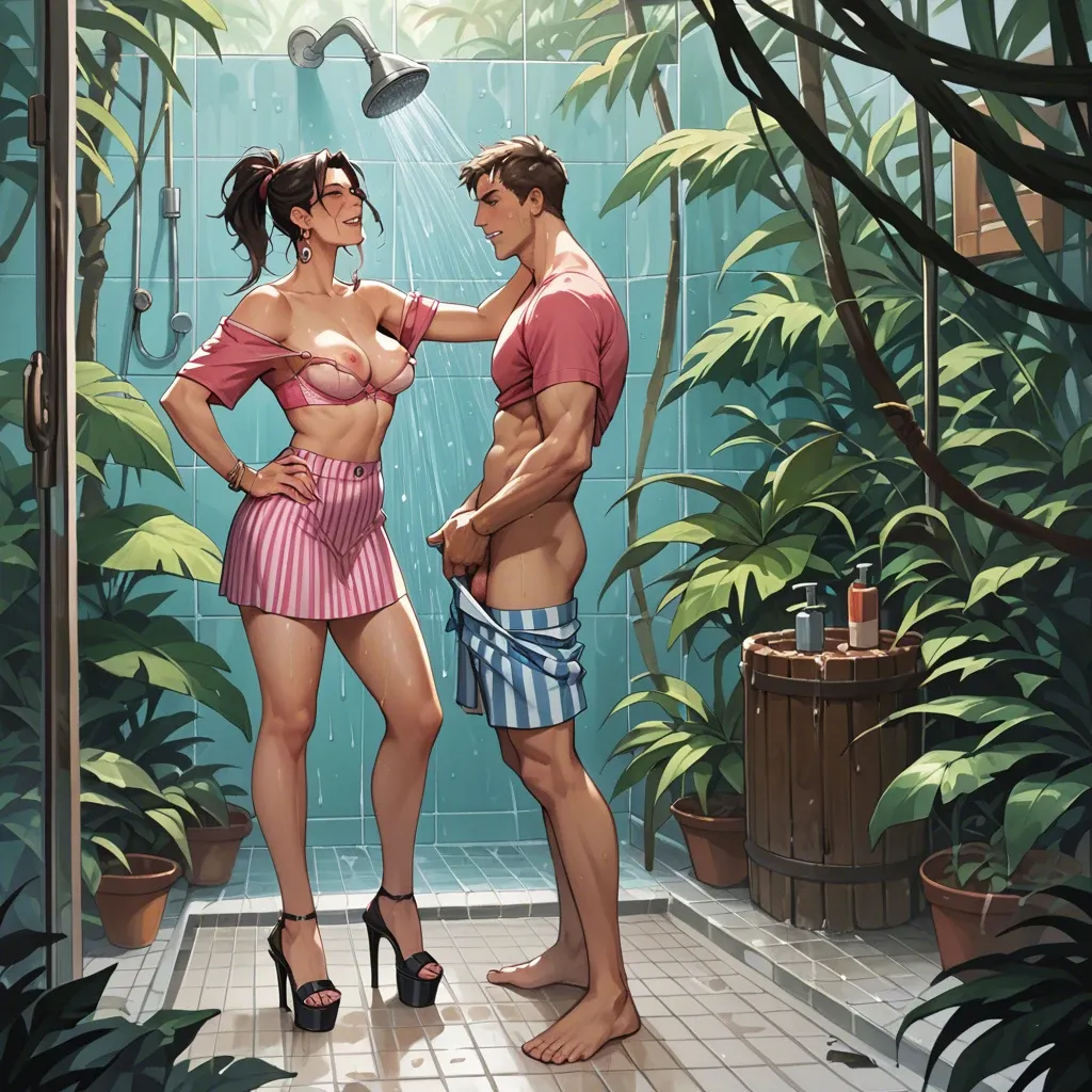 1girl,1boy, , , , grit the teeth,armpit fetish,light areolae,hands on hips,off shoulder, pink t-shirt,striped skirt,dangly earrings,pulled bra,high heels, shower, jungle, spaceship, white sofa, source cartoon, dark ambience, zelda sd, elsa, rei