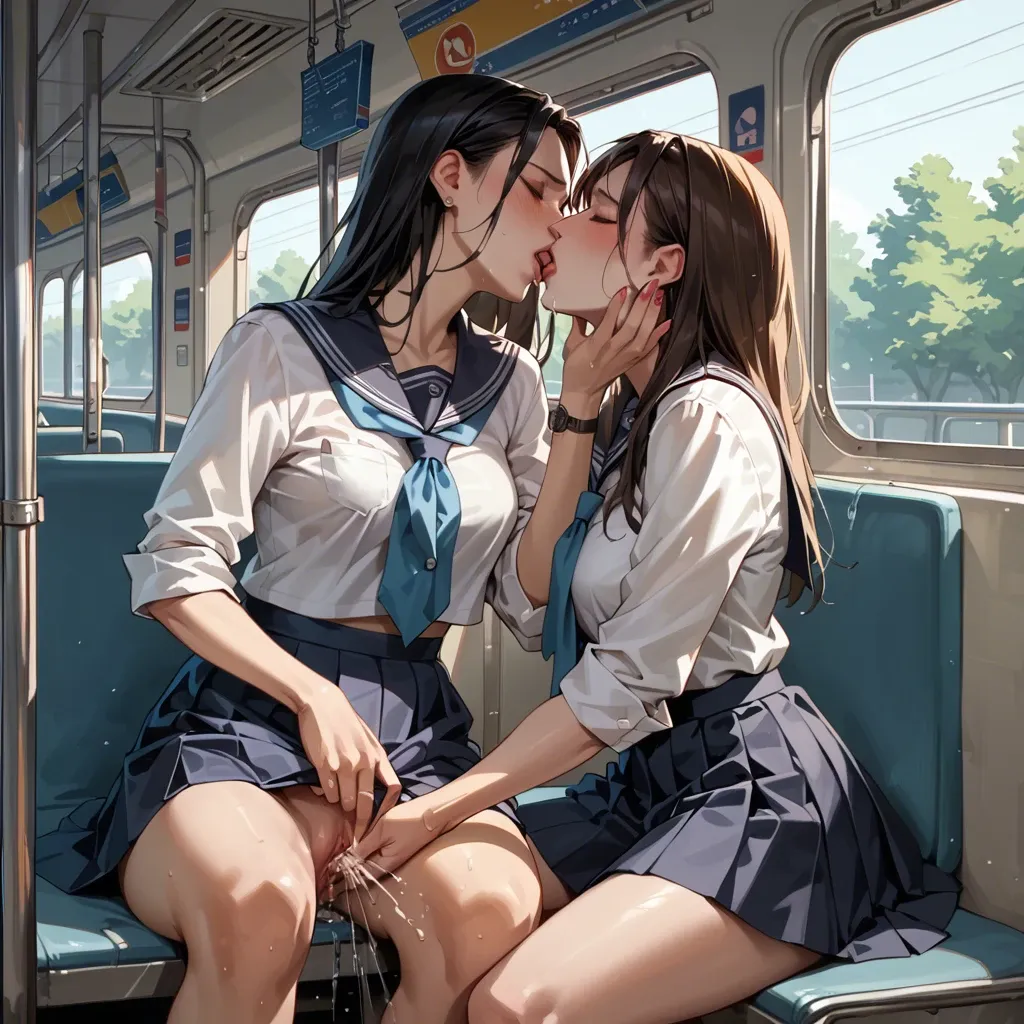 2girls, lesbian, school uniform, kissing, masturbating, squirting, pussy juice stream, in train