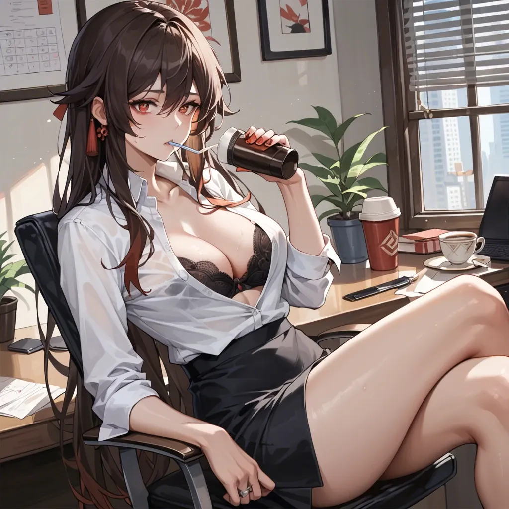 Hutao from Genshin Impact, dressed in a white blouse and a black formal office skirt, she is sitting on a chair and drinking coffee, legs crossed and blouse unbuttoned, a bra is visible under the blouse