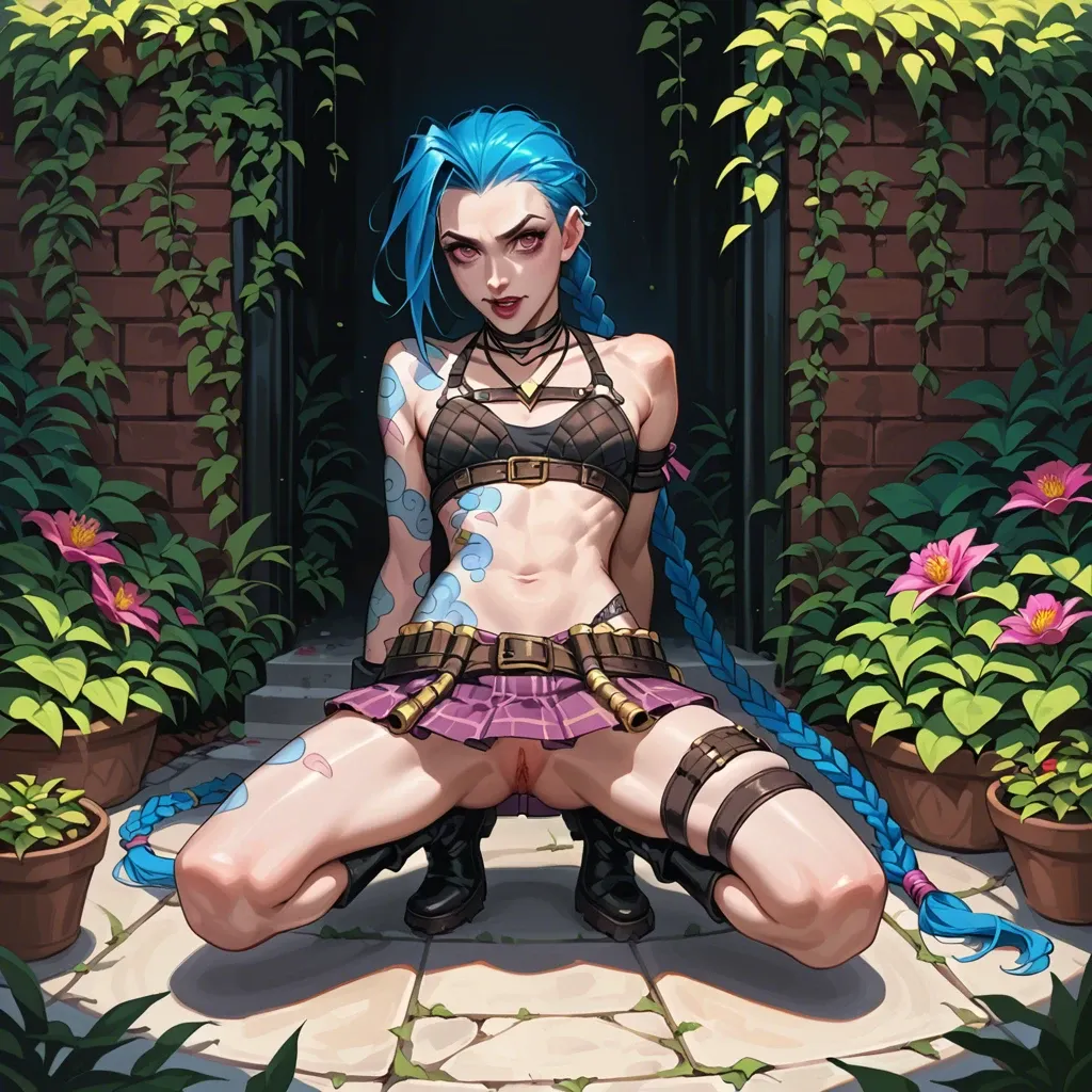 Jinx,league of legends,petite body,long blue hair,braids,outfit,full body,skirt,crop top, looking at viewer,colorful,garden