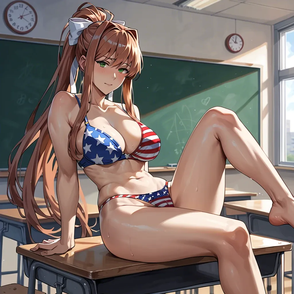 Monika doki doki literature club, classroom, American flag bra, American flag panties