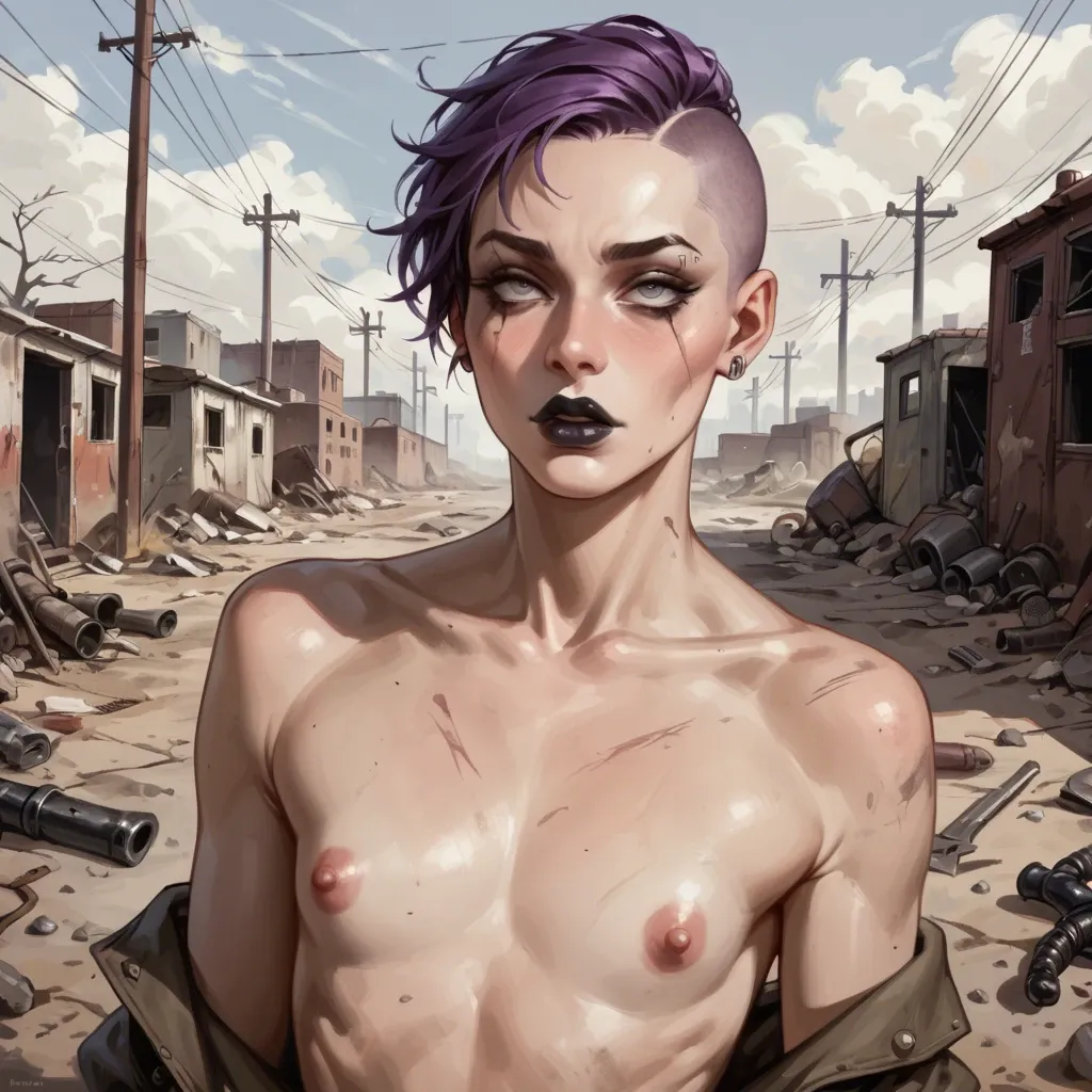 Shaved half head, purple hair, fallout, femboy, wasteland, medium penis, saggy balls, eye linder, black lipstick