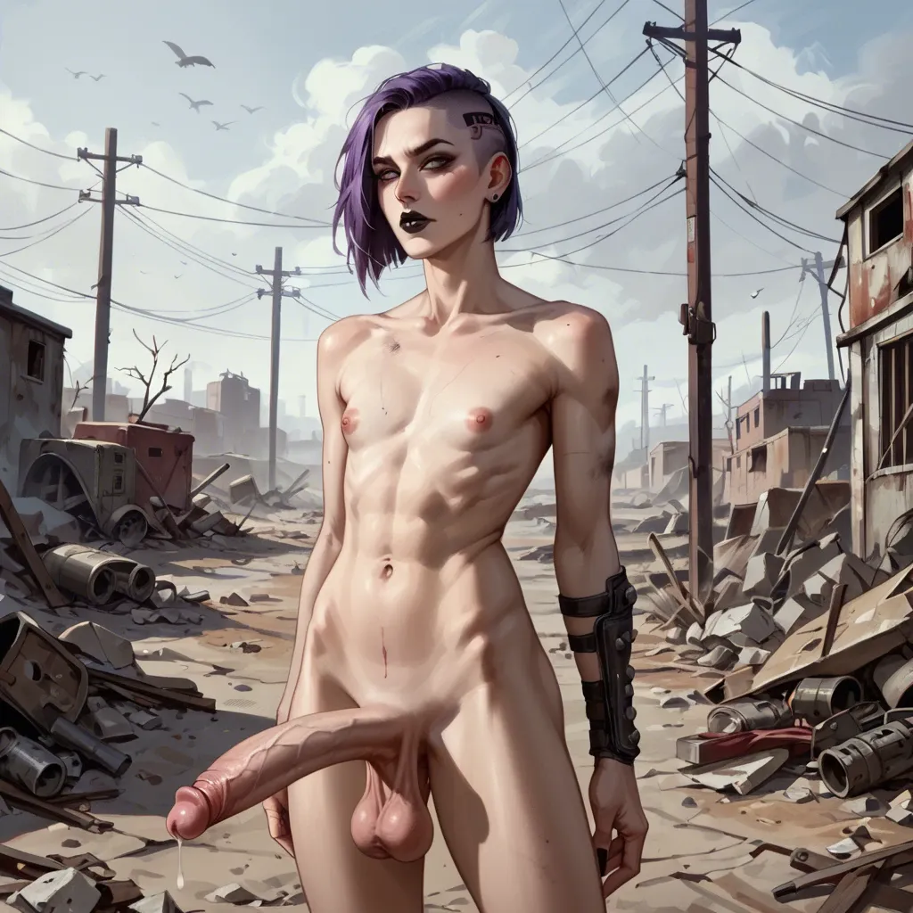 Shaved half head, purple hair, fallout, femboy, wasteland, medium penis, saggy balls, eye linder, black lipstick