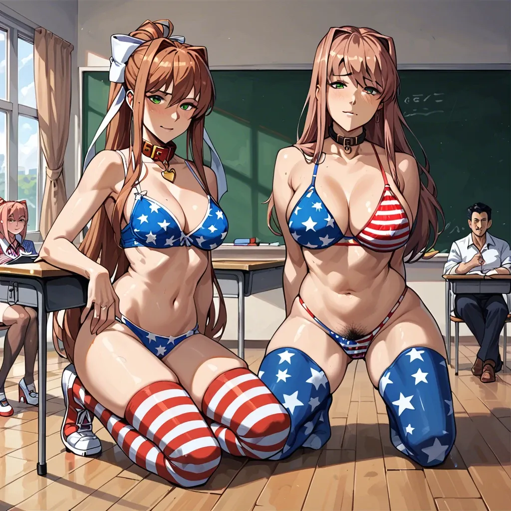 Monika doki doki literature club, classroom, American flag bra, American flag panties, American flag stockings, slave collar, on knees, hyper pubic hair, other girls background