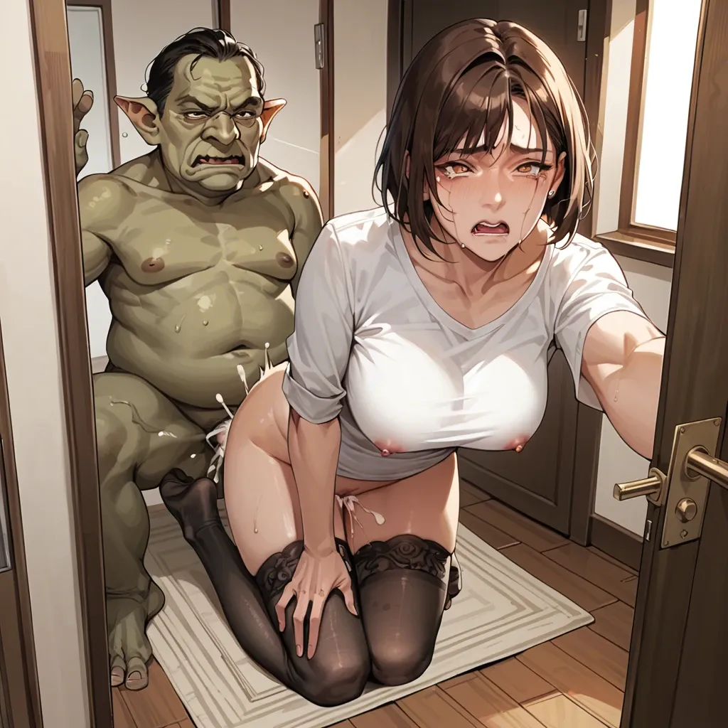 Korean milf,bob cut,brown hair,yellow eyes,stockings,feet,deep thrusting,x-ray,creampie,comic,sad,disgusted,tears,ugly goblin,snuggled,foot focus,vaginal knotting,selfie,doorway