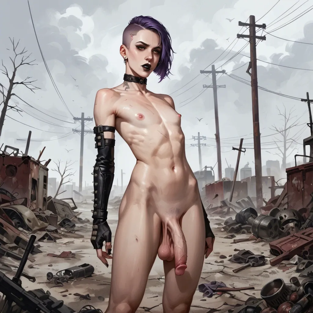 Shaved half head, purple hair, fallout, femboy, wasteland, medium penis, saggy balls, eye linder, black lipstick