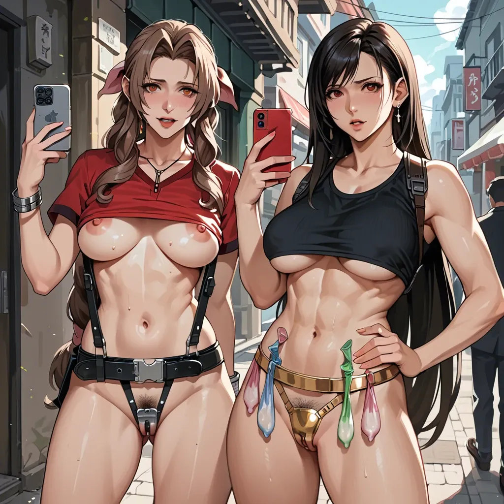 2 girls, Tifa and Aerith, anime, prostitute sluts, prostituting themselves taking a selfie, anal penetrated by old men, underboob, chastity belt, pubic hair, used condoms in their belt, in an hotel entrance,