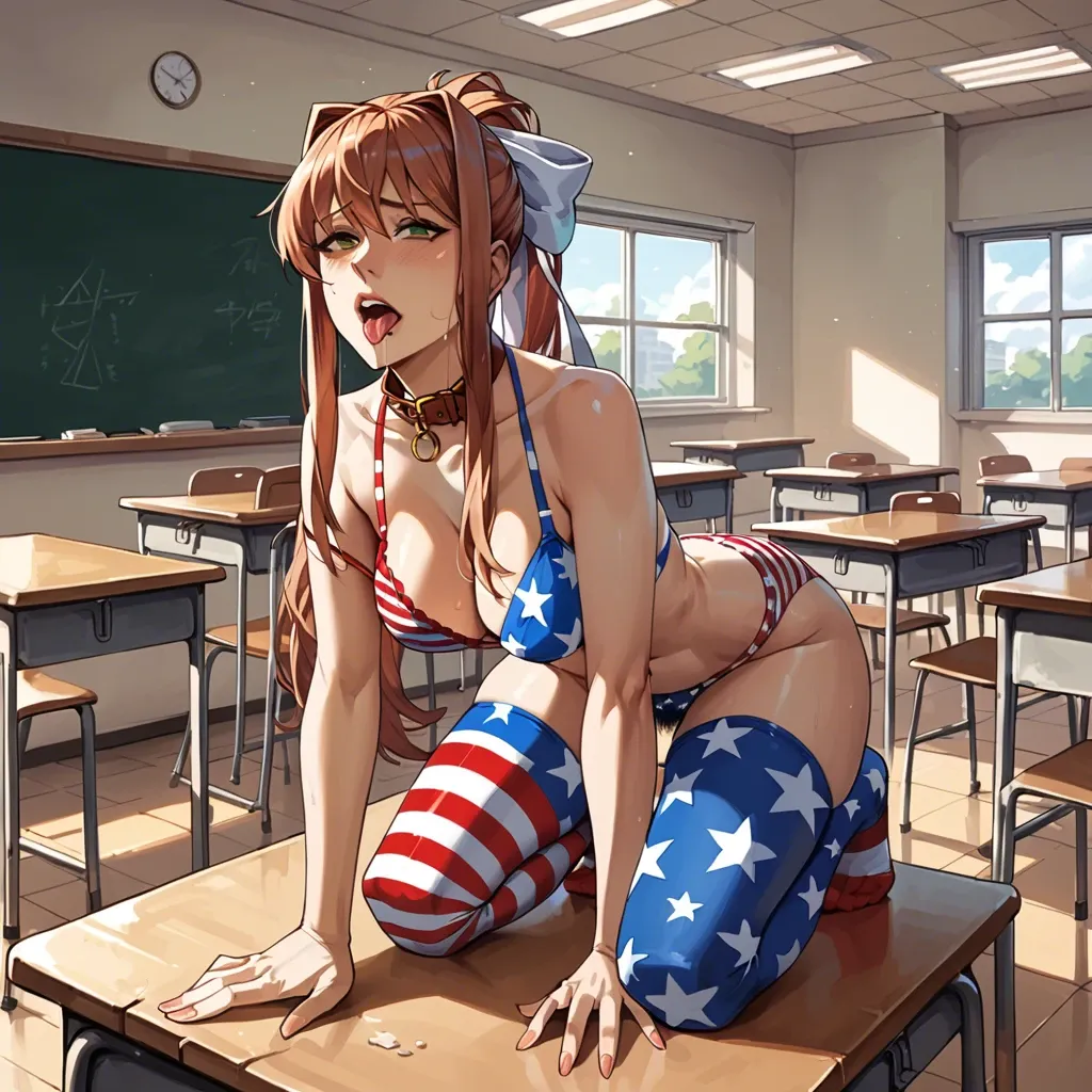 Monika doki doki literature club, classroom, American flag bra, American flag panties, American flag stockings, slave collar, on knees, hyper pubic hair