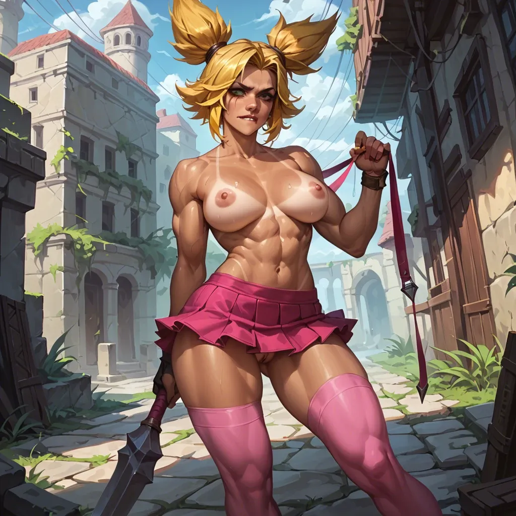 zeri from league of legends, tan line, 1girl,solo, , , , nose,biceps,perky nipples,backwards,fat knees, biting own lip,legs open,perky breasts,background,bare shoulder, mini skirt,pink stockings,blue gloves,lingerie,stiletto heels, mini skirt,pantyhose pull,gold choker,lace lingerie,platform heels, police uniform,egyptian palace,white veil,open torn bra,white boots, nobara, waterfall, cyberpunk, painted nails, night club, elsa