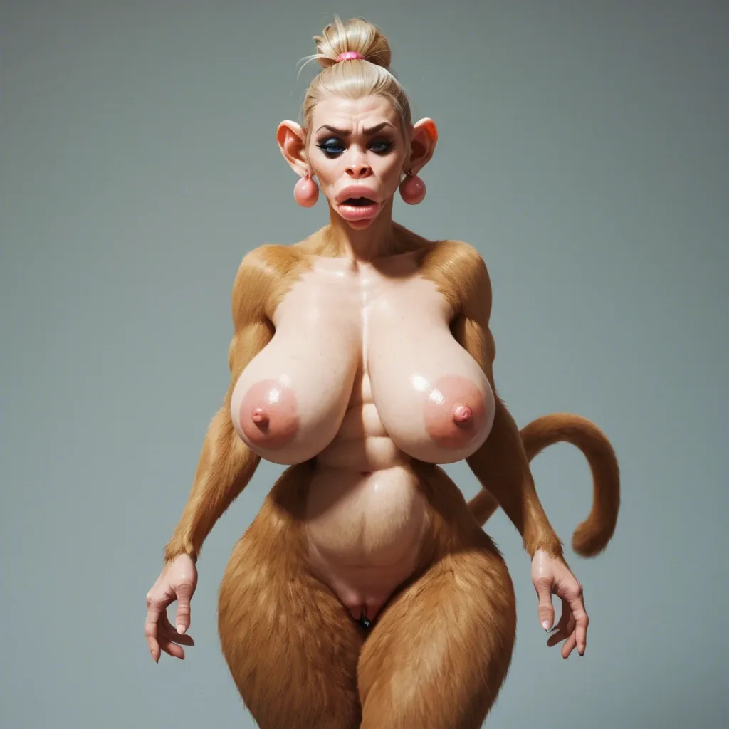 monkey transformation, anthro, furry, (chimpanzee), chimpanzee snout, sagging breasts, (hyper lips), naked, (blonde fur), blue eyes, tail, black eyeshadow, peach lips, bimbo, thin waist, wide hips