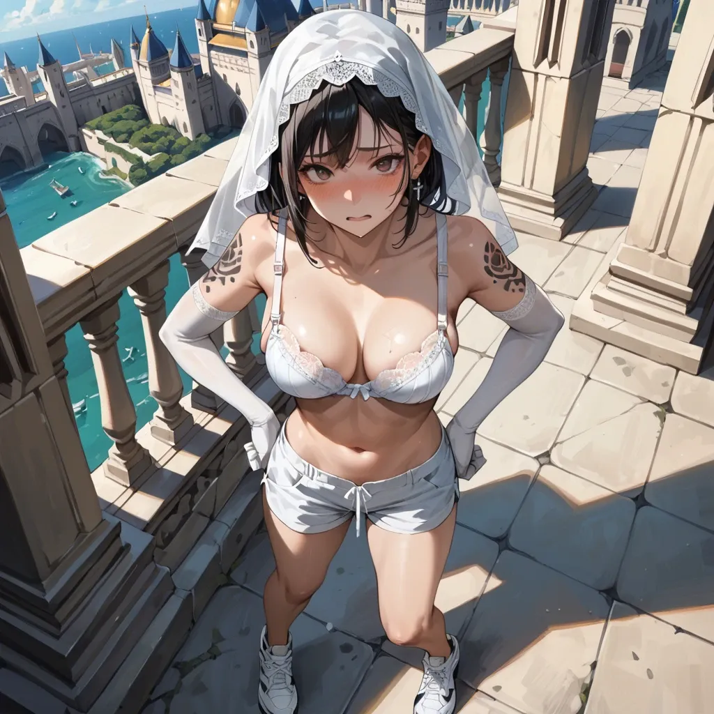 1girl,, , , , fisheye view,elbow gloves,medium boobs,background sea,knee, nose blush,perfect feet,round big tits,grabbing hips,shoulder tattoo, shirt lifted up,palace,veil,loose bra,white sneakers, bar background, on beach, tavern setting, tifa lockhart, ariel waifu, hatsune miku