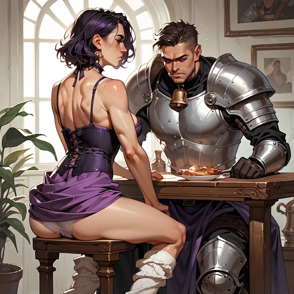 1girl,1boy, , , , heavy freckles,armour,firm breasts,back female,knees apart, large nose,camisole,perky big tits,table,neck bell, purple dress,baggy socks,panties visible,black corset,knee boots, gown,elf palace,garrison cap,low rise thong,no shoes, mini skirt,white socks,shaped jewelry,print panties,ballet shoes, bathtub, daphne blake, robot girl, spider-gwen, rei ayanami