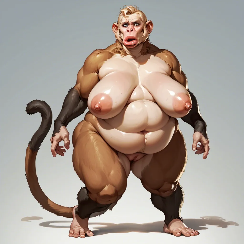 monkey transformation, anthro, furry, (chimpanzee), chimpanzee snout, sagging breasts, (hyper lips), naked, (blonde fur), blue eyes, tail, obese, overweight, weight gain, fat rolls, wide hips, (hyper pussy), hairy pussy