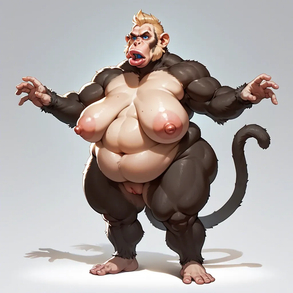 monkey transformation, anthro, furry, (chimpanzee), chimpanzee snout, sagging breasts, (hyper lips), naked, (blonde fur), blue eyes, tail, obese, overweight, weight gain, fat rolls, wide hips, (hyper pussy), hairy pussy