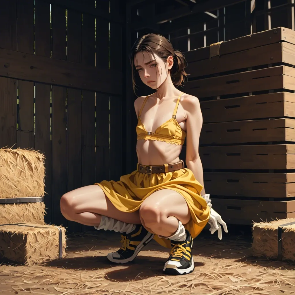 1girl,solo, , , , crouching,fat arm folds,flat chest,barn background,kneeling slut, shirt pull,baggy socks,gloves,bra,sneakers, yellow dress,gold anklets,suspender belt,panties visible,knee boots, palace bedroom, spaceship, candid camera, cyborg, anime, dark lipstick, princess zelda, wonder woman, dynamic pose