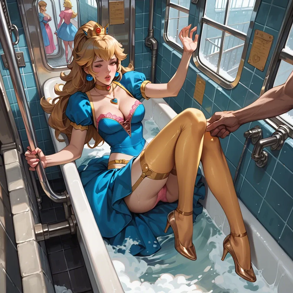 2girl, , , , nose,detailed hands,cleavage,bare midriff,heart necklace, blue dress,gold stockings,suspender belt,pink panties,ballet shoes, bathtub, subway, dungeon, collar, princess peach, anna hair