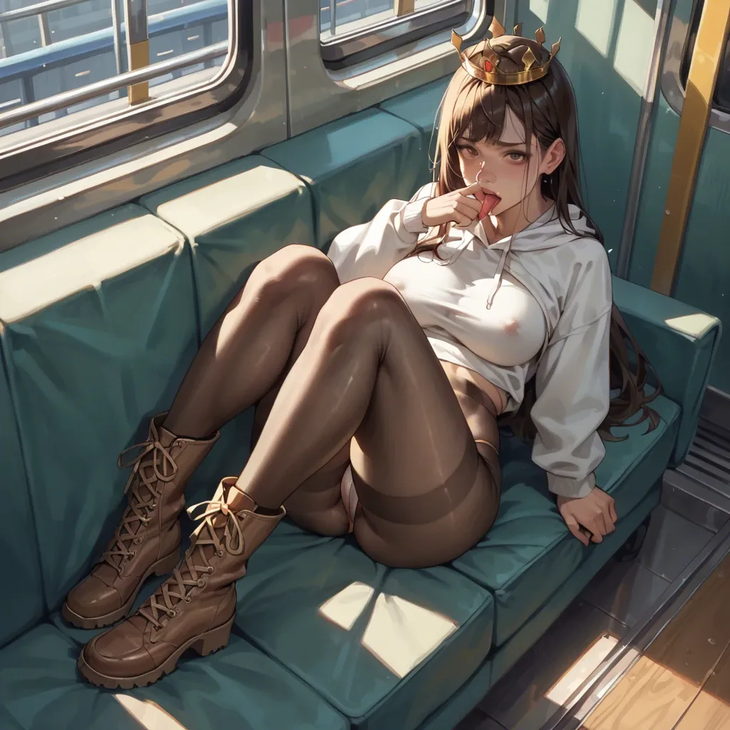 2girl, , , , bubble in nose,on her knees,nipple bulge,backwards,knee, cute nose,licking feet,swollen nipple,view from above,light skin, sweatshirt,pantyhose,gold crown,thong,brown boots, couch, subway, cyberpunk, princess zelda, hatsune miku