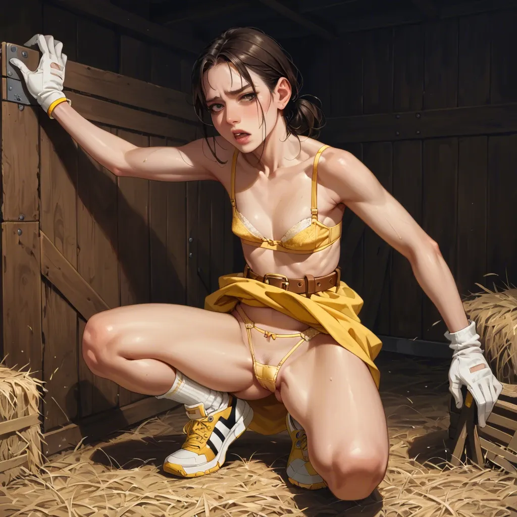 1girl,solo, , , , crouching,fat arm folds,flat chest,barn background,kneeling slut, shirt pull,baggy socks,gloves,bra,sneakers, yellow dress,gold anklets,suspender belt,panties visible,knee boots, palace bedroom, spaceship, candid camera, cyborg, anime, dark lipstick, princess zelda, wonder woman, dynamic pose